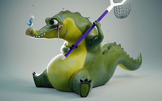 Crocodile en rendu 3D qui chasse un oiseau avec un filet